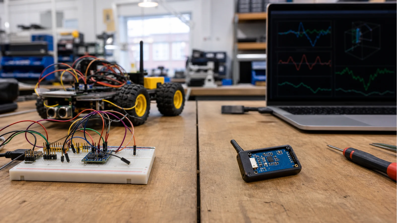 Comparison of a DIY bare IMU breadboard setup versus a finished Bluetooth IMU module on a UK robotics bench