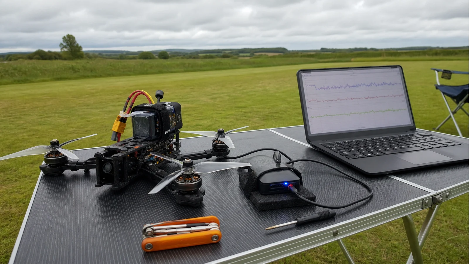 Quadcopter with an independent IMU flight logger prepared on a UK field bench