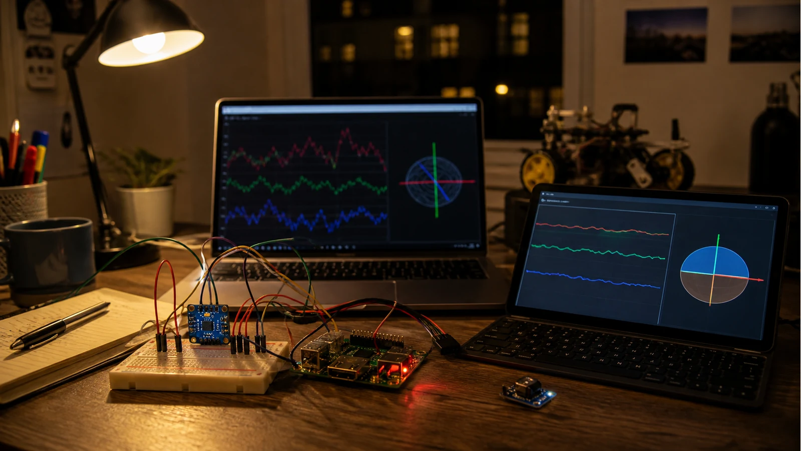Student comparing drifting MPU6050 plots with stable filtered Bluetooth IMU attitude output